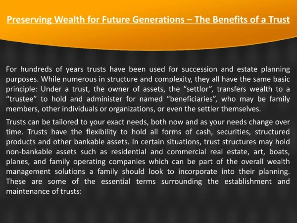Preserving Wealth for Future Generations – The Benefits of a