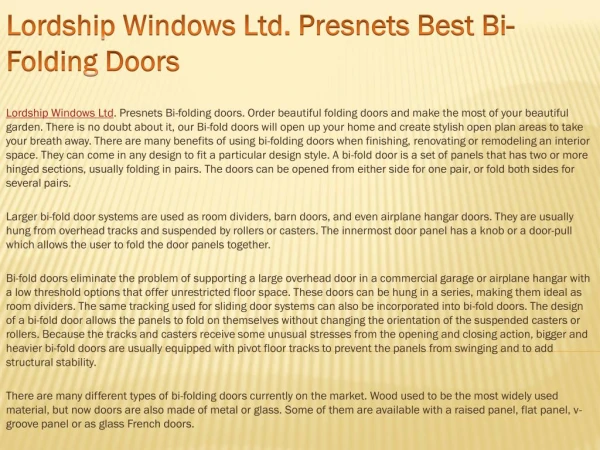 Lordship Windows Ltd. Presnets Best Bi-folding Doors