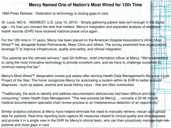 Mercy Named One of Nation's Most Wired for 12th Time