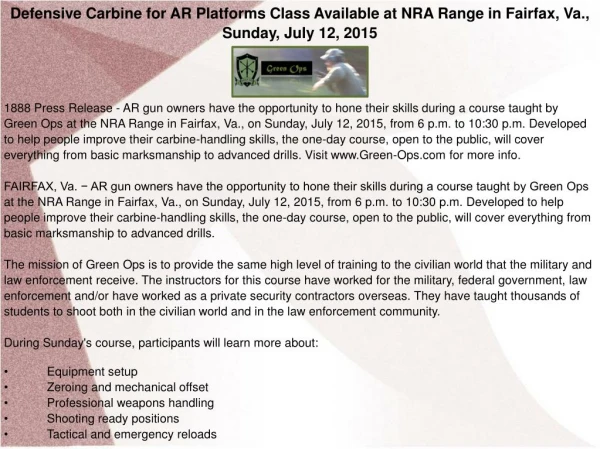 Defensive Carbine for AR Platforms Class Available at NRA