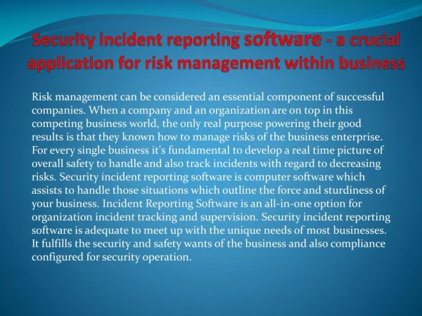 Security incident reporting software - a crucial application