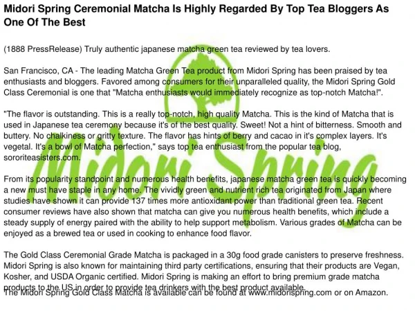 Midori Spring Ceremonial Matcha Is Highly Regarded By Top Tea Bloggers As One Of The Best