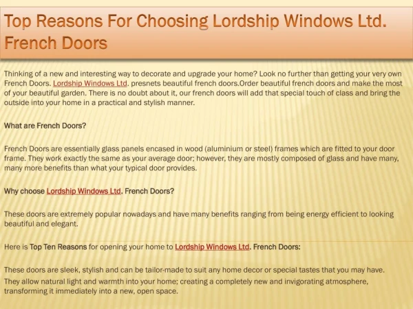 Top Reasons For Choosing Lordship Windows Ltd. French Doors