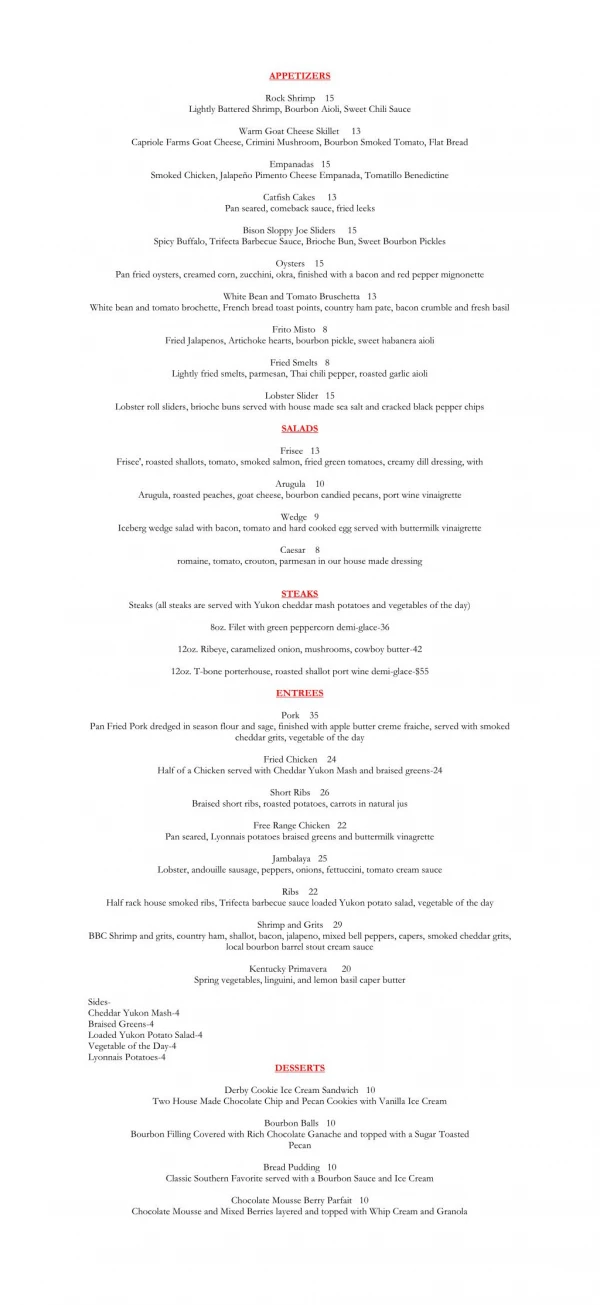 Maker's Mark Bourbon Lounge restaurant dinner menu