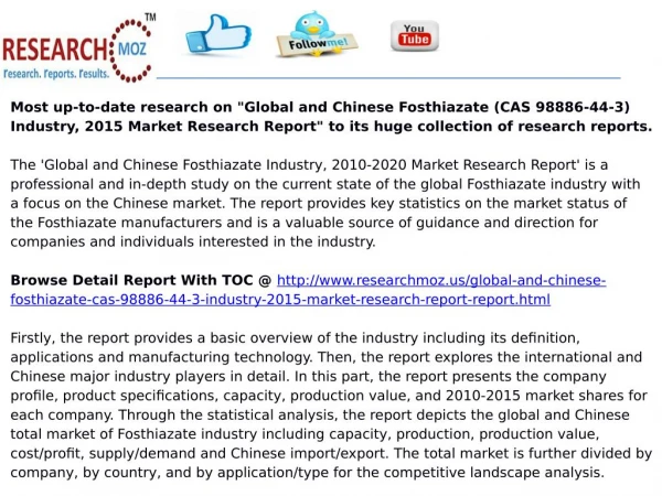 Global and Chinese Fosthiazate (CAS 98886-44-3) Industry, 2015 Market Research Report
