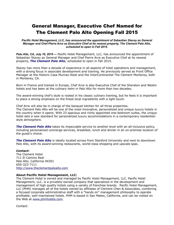 General Manager, Executive Chef Named for The Clement Palo Alto Opening Fall 2015