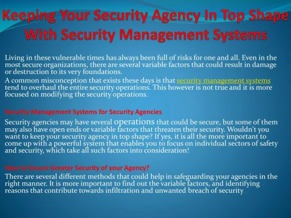 Keeping Your Security Agency In Top Shape With Security Management Systems