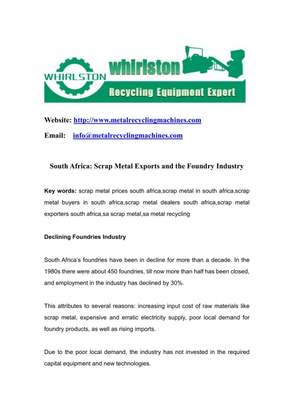 South Africa: Scrap Metal Exports and the Foundry Industry