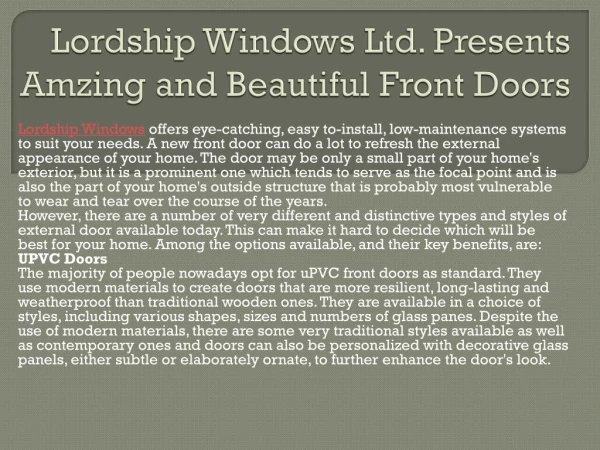 Lordship Windows Ltd. Presents Amzing and Beautiful Front Doors