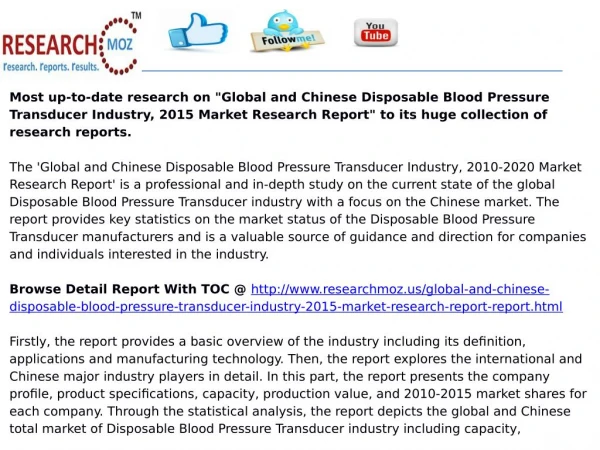 Global and Chinese Disposable Blood Pressure Transducer Industry, 2015 Market Research Report