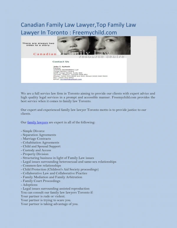 Canadian Family Law Lawyer,Top Family LawLawyer In Toronto : Freemychild.com