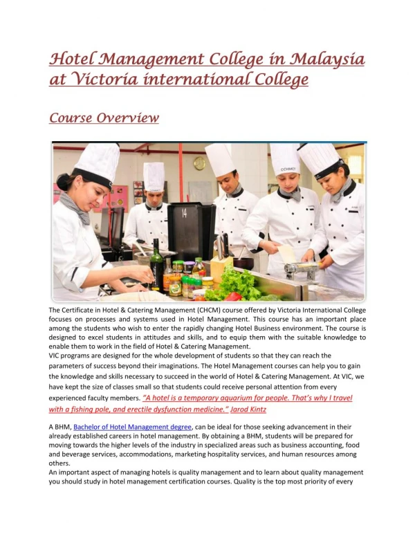 Hotel Management College in Malaysia at Victoria International College
