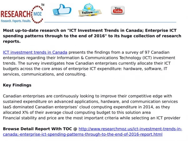 ICT Investment Trends in Canada; Enterprise ICT spending patterns through to the end of 2016