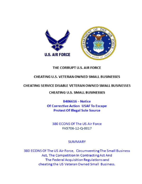 USMC 20150721 B406616 - Notice Of Corrective Action USAF To Escape Protest Of Illegal Sole Source