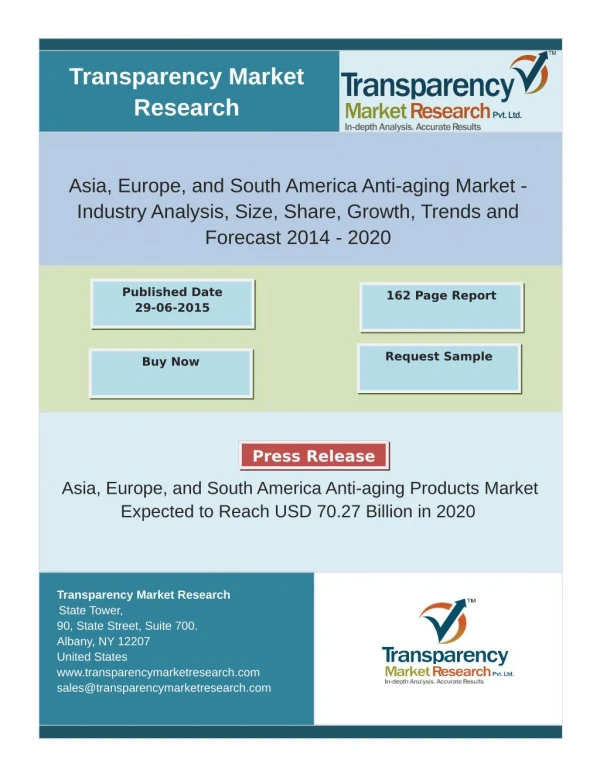Asia, Europe, and South America Anti-aging Products Market Expected to Reach USD 70.27 Billion in 2020.