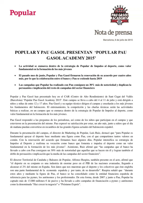 Popular y Pau Gasol presentan Popular Pau Gasol Academy 2015