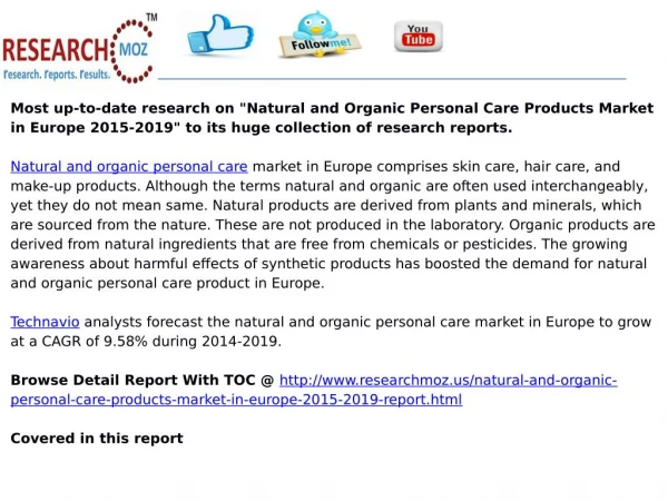 Natural and Organic Personal Care Products Market in Europe 2015-2019