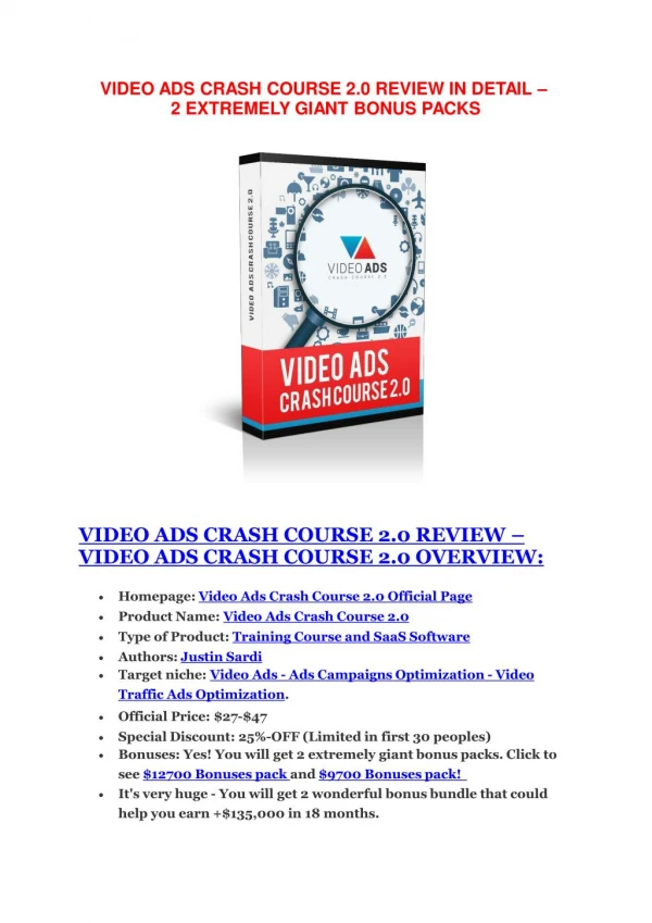 Video Ads Crash Course 2 Review-(FREE) $32,000 Bonus & Discount