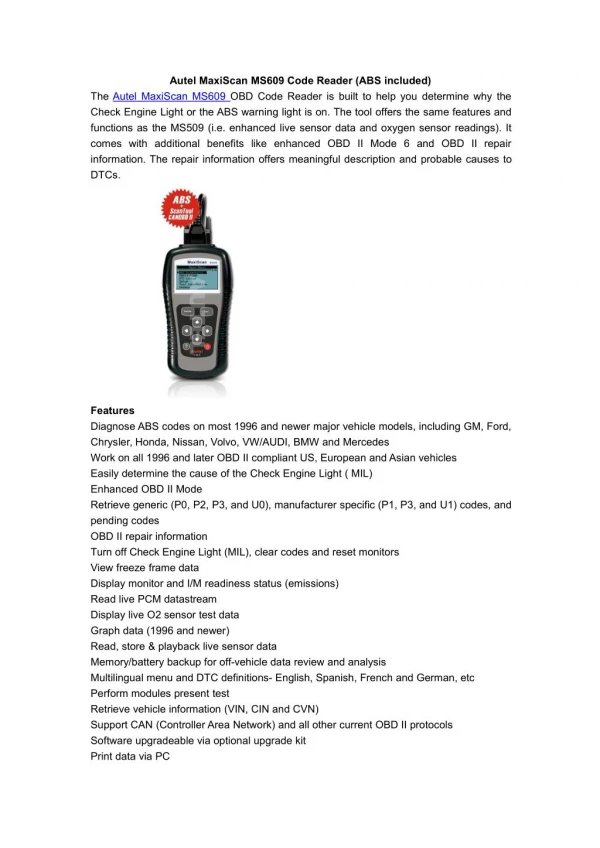 Autel MaxiScan MS609 Code Reader (ABS included)