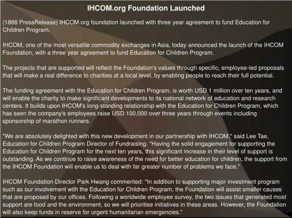 IHCOM.org Foundation Launched