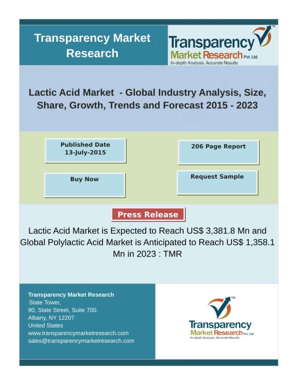 Lactic Acid and Polylactic Acid Market- Global Industry Analysis and Forecast 2015-2023