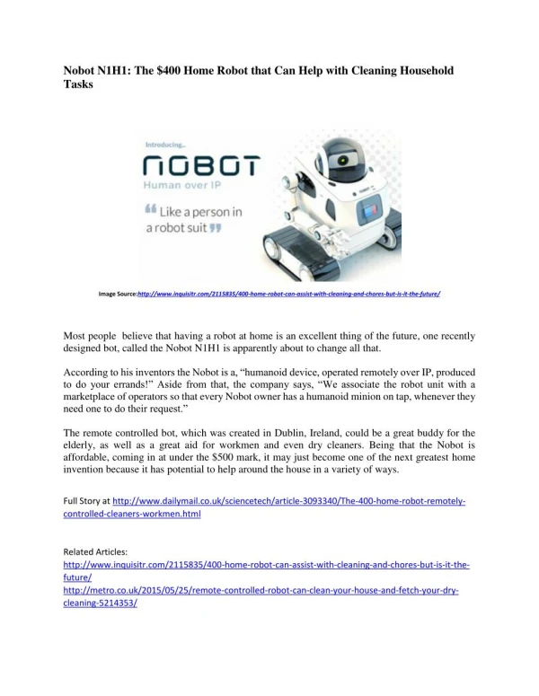 About Nobot N1H1 : The Robot House Cleaner