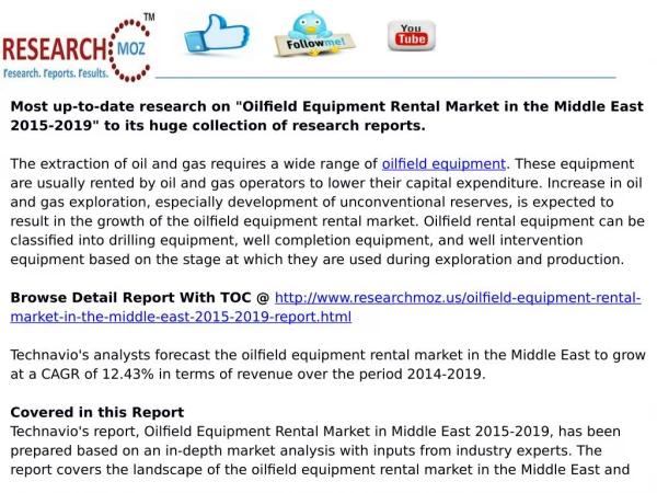 Oilfield Equipment Rental Market in the Middle East 2015-2019