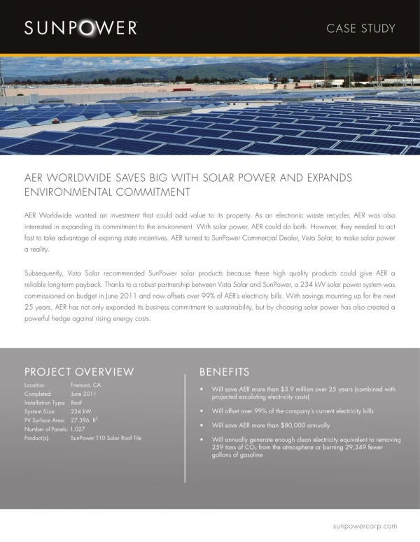 AER WORLDWIDE SAVES BIG WITH SOLAR POWER AND EXPANDS ENVIRONMENTAL COMMITMENT