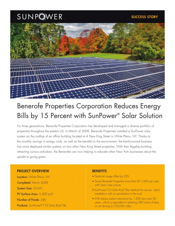 Benerofe Properties Corporation Reduces Energy Bills by 15 Percent with SunPower® Solar Solution