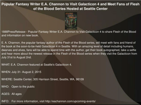 Popular Fantasy Writer E.A. Channon to Visit Galacticon 4