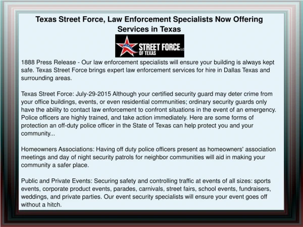 Texas Street Force, Law Enforcement Specialists Now Offering Services in Texas