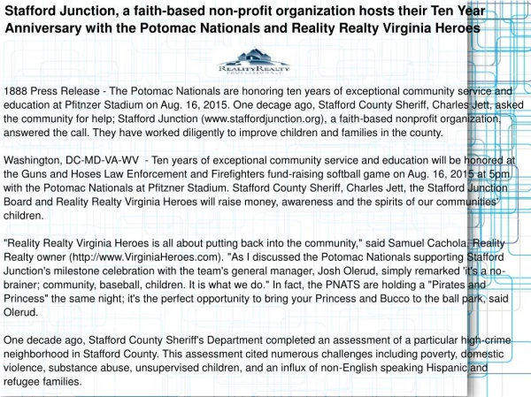 Stafford Junction, a faith-based non-profit organization hosts their Ten Year Anniversary with the Potomac Nationals and