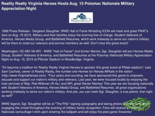 Reality Realty Virginia Heroes Hosts Aug. 15 Potomac Nationals Military Appreciation Night