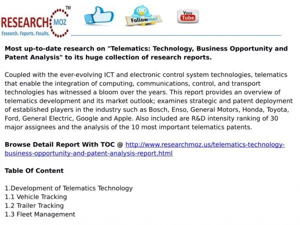 Telematics: Technology, Business Opportunity and Patent Analysis