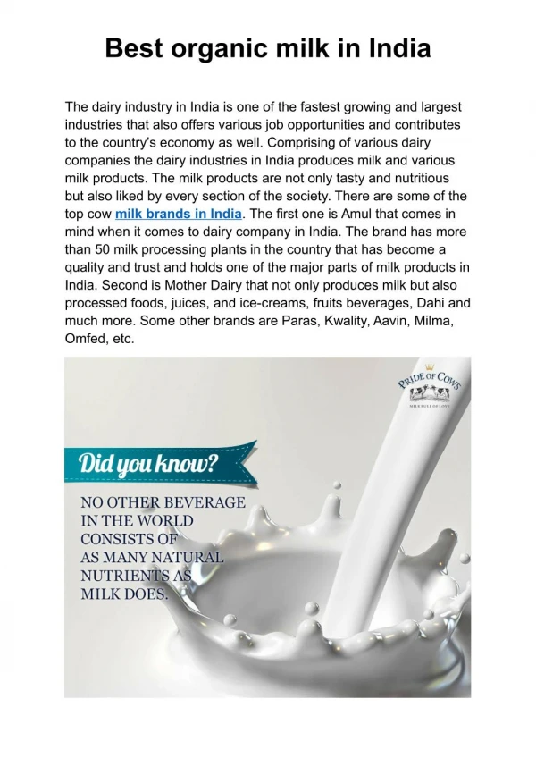 Best organic milk in India