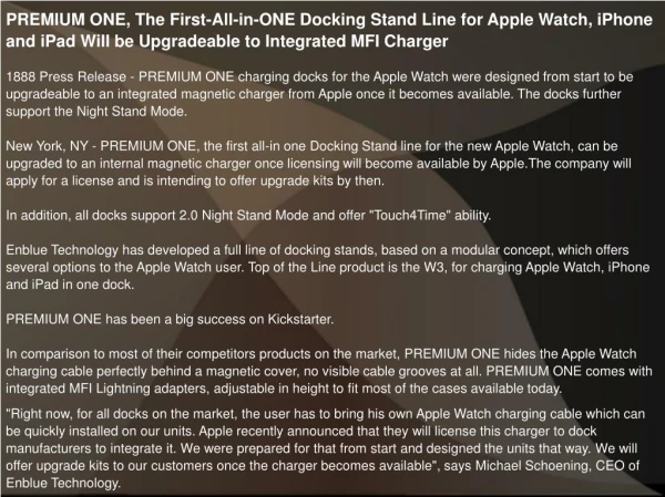 PREMIUM ONE, The First-All-in-ONE Docking Stand Line for Apple Watch, iPhone and iPad Will be Upgradeable to Integrated
