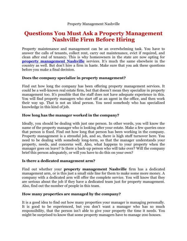 Questions You Must Ask a Property Management Nashville Firm Before Hiring