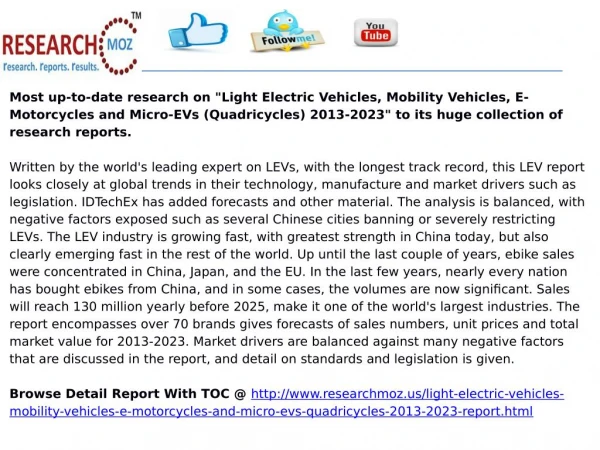 Light Electric Vehicles, Mobility Vehicles, E-Motorcycles and Micro-EVs (Quadricycles) 2013-2023