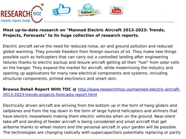 Manned Electric Aircraft 2013-2023: Trends, Projects, Forecasts