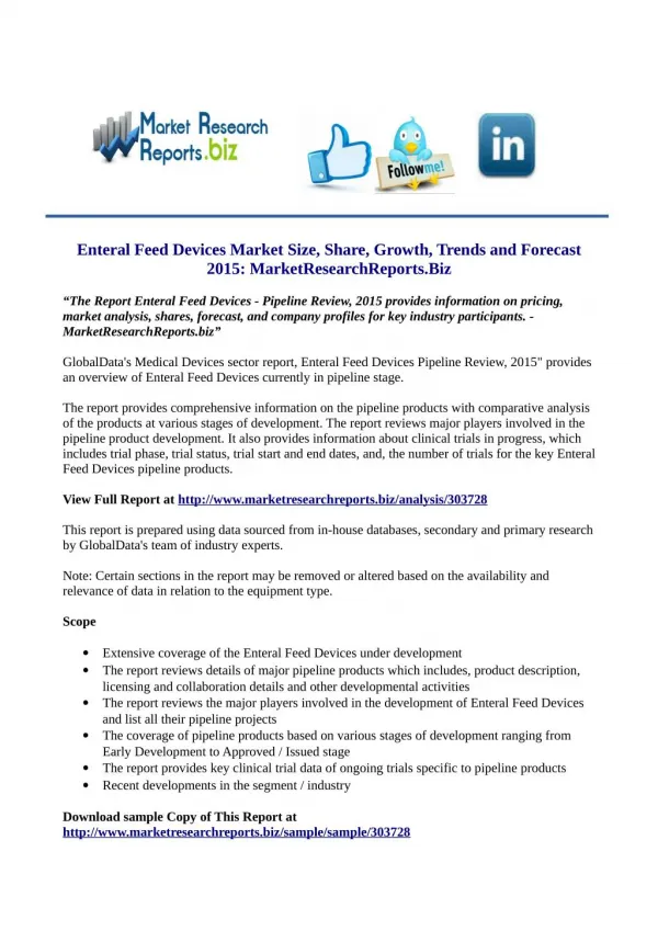 Enteral Feed Devices Market Size, Share, Growth, Trends and Forecast 2015