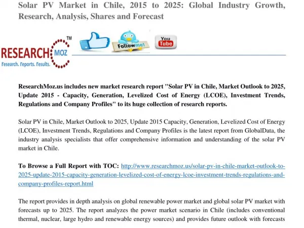 Solar PV Market in Chile, 2015 to 2025: Global Industry Growth, Research, Analysis, Shares and Forecast