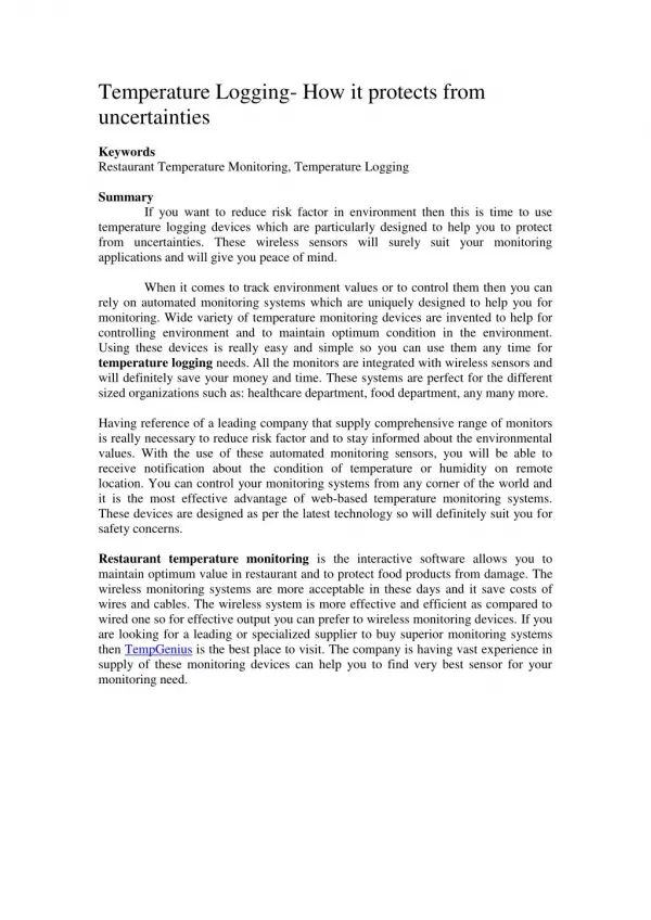 Temperature Logging- How it protects from uncertainties