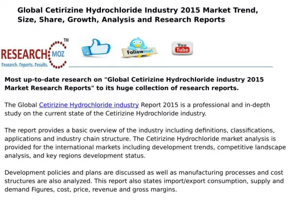 Market Research Reports on Global Cetirizine Hydrochloride industry 2015