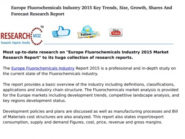 Europe Fluorochemicals Industry 2015 Market Research Report