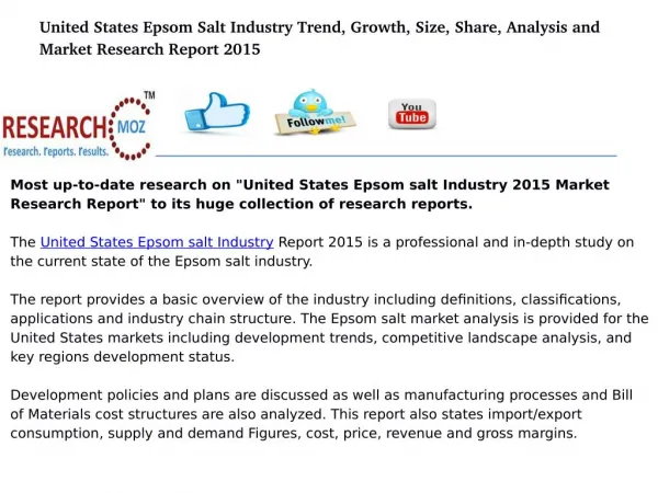 United States Epsom salt Industry 2015 Market Research Report