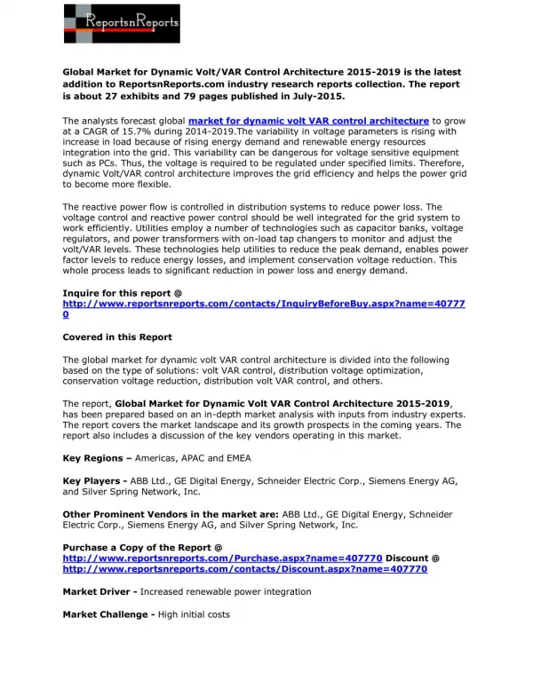 Global Market for Dynamic Volt/VAR Control Architecture 2015-2019