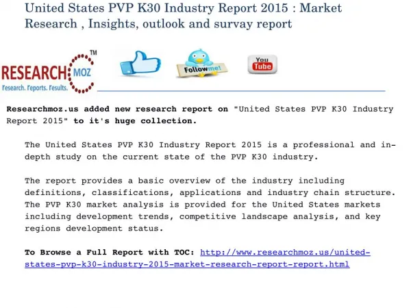 United States PVP K30 Industry 2015 Market Research Report