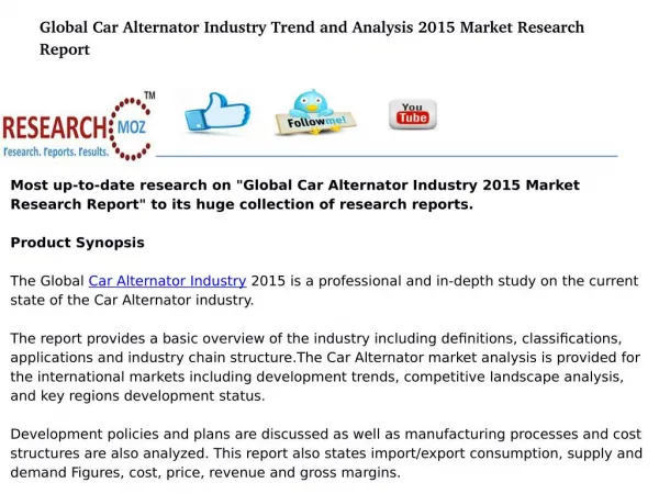 Global Car Alternator Industry 2015 Market Research Report