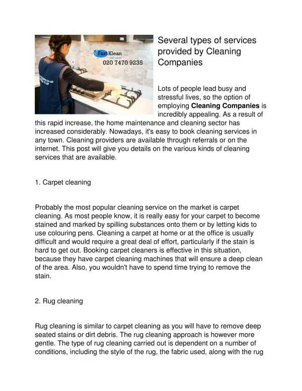 Several types of services provided by Cleaning Companies