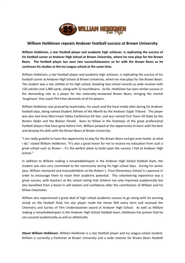 William Heikkinen repeats Andover football success at Brown University